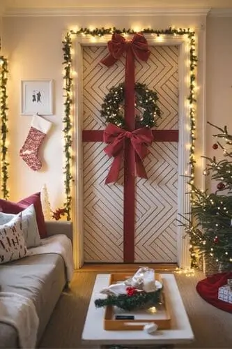 Wrapped door decorated as a Christmas present with ribbon and bow, perfect for festive Christmas door decorating ideas