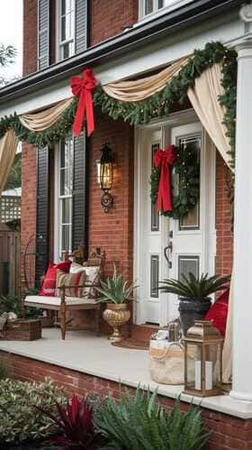 French country cottage porch decorated for Christmas with bunting garland and bows, weather-proofed for outdoor use.