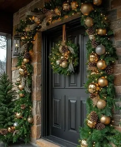 Elegant gold and green garland with pinecones for a festive Christmas door decoration idea.