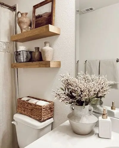 Farmhouse shelves for narrow bathroom