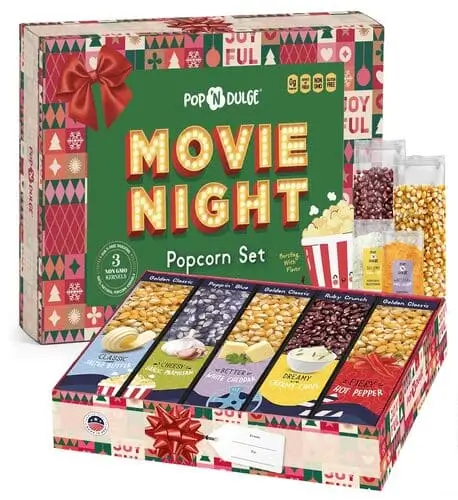 Movie night popcorn set with different flavors and kernels to include in a movie night Christmas gift basket for men