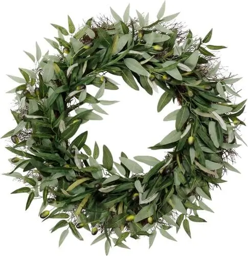 Elegant faux olive wreath for Christmas door, subtle and timeless holiday decor idea for a modern farmhouse look.