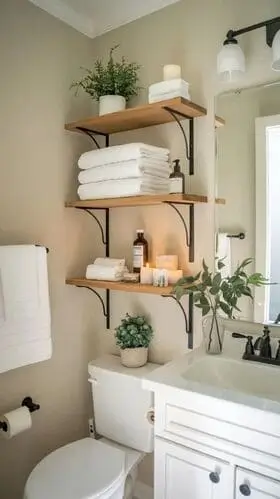 Open shelving in a narrow bathroom showcasing rolled towels, decorative jars, and small baskets for organized storage.