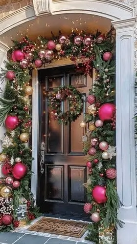 Pink and gold Christmas door decor with soft pink ornaments, white snowflake accents, and pinecone garland—perfect for a modern holiday entrance.