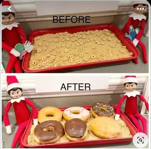 Elf on the Shelf planting Cheerios in sugar and growing mini donuts, with festive holiday decor and sprinkles nearby.