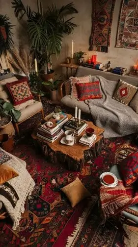 Boho maximalist living room featuring a large Moroccan rug in rich reds, oranges, and browns, layered throw pillows, and wall tapestries with bold patterns. A distinctive coffee table anchors the room, while a palm tree and dried pampas grass add natural texture