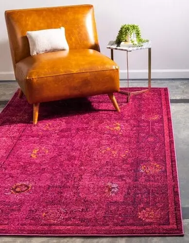 Rich deep pink moroccan-inspired rug to amplify maximalist living room