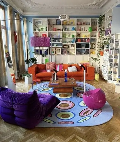 Colorful retro maximalist living room