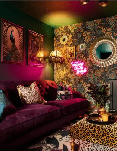 Cozy maximalist living room with plush textures and elegant patterns