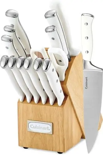 Chic white Cuisinart knife block adding a modern touch to cute apartment kitchen decor, perfect for stylish and functional counter organization.