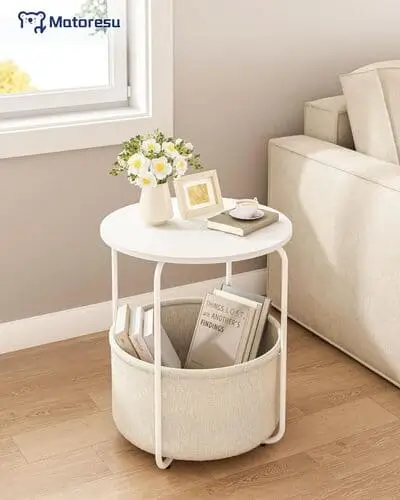 Cute round side table with storage basket underneath for apartment