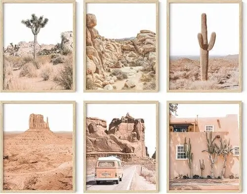 Set of desert prints in the living room adding a warm and earthy vibe, ideal for trendy cute apartment decor ideas."