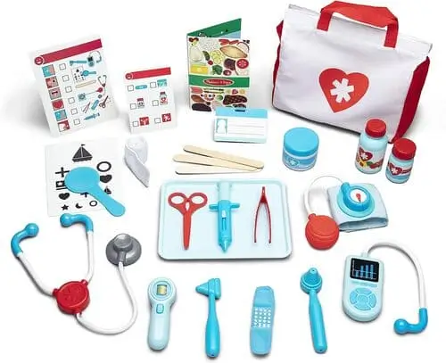 Melissa & Doug Get Well Doctor’s Kit Play Set for kids, featuring a stethoscope, thermometer, syringe, and other doctor tools, perfect Christmas gift idea for 4-year-olds to inspire imaginative play.