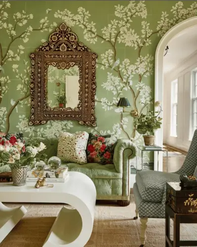 Green french country maximalist living room with green and cream color scheme.