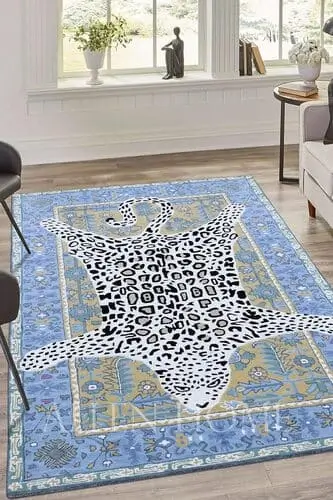 Blue eccentric rug with white leopard for maximalist living room