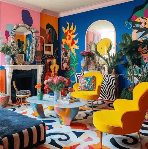 Maximalist living room walls featuring vibrant, colorful murals with alternating blue, orange, and pink walls. Accents include pops of yellow furniture, creating a bold and artistic design statement. Perfect for embracing maximalist decor ideas.