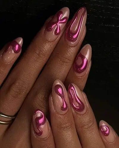 3D pink bubble chrome nails for a bold, futuristic Valentine’s Day manicure with a shiny, dimensional finish.