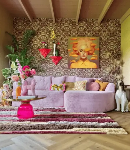 Plush colorful maximalist living room