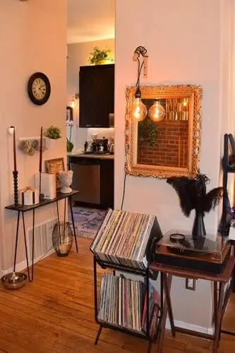 Stylishly organized record collection displayed in a cozy apartment with chic decor, perfect for music lovers.