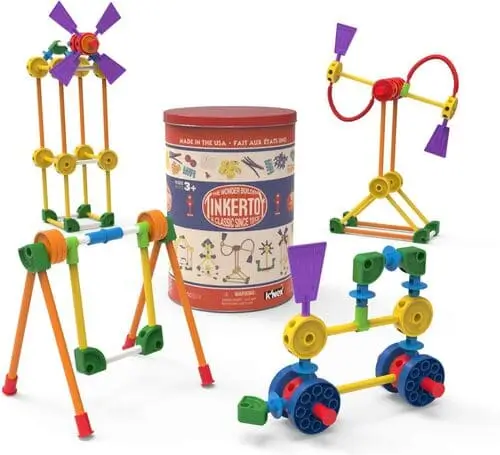 Complete Tinkertoy building set featuring interlocking rods, spools, and colorful connectors, perfect for inspiring engineering fun this holiday season for preschoolers.