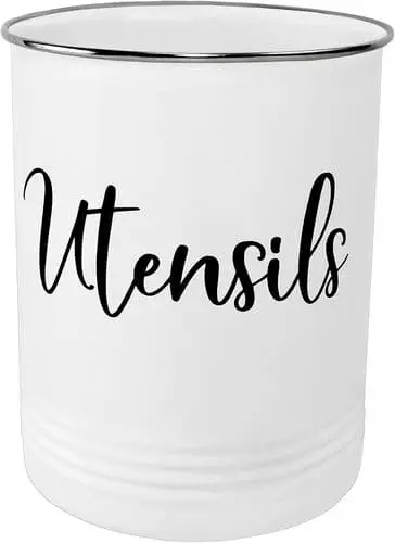 Cute kitchen utensil holder labeled 'Utensils' in a trendy font, perfect for adding charm and practicality to your cute apartment kitchen decor.