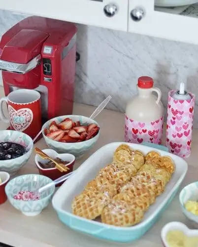 Make a DIY waffle bar on Valentine's day as a cute breakfast or brunch idea for family and friends