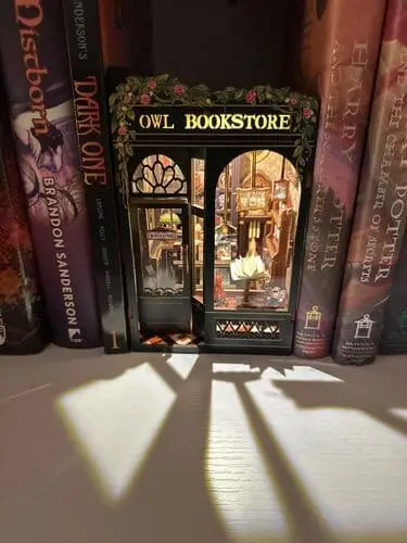 Completed book nook with a cozy bookstore diorama, a viral TikTok gift perfect for dark academia lovers and bookshelf decor.