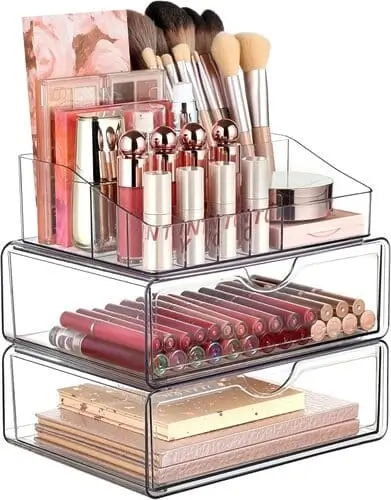 Clear makeup organizer filled with beauty products, a stylish and viral TikTok gift idea for the clean girl aesthetic.