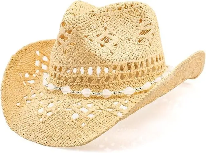 Straw coastal cowgirl hat adorned with beachy seashell-inspired beads, perfect for a stylish seaside or rustic Western vibe.