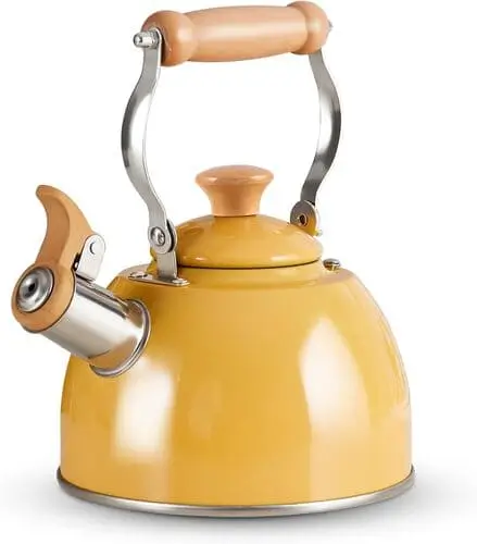 Whistling cottagecore tea kettle on a stovetop, a cozy and aesthetic gift for fans of vintage TikTok vibes.