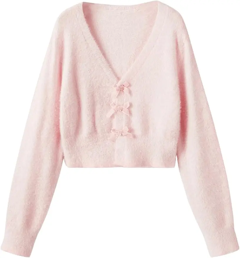 cute fuzzy y2k cardigan with bow closure that makes a perfect gift for y2k lovers. Cozy with a retro flair.