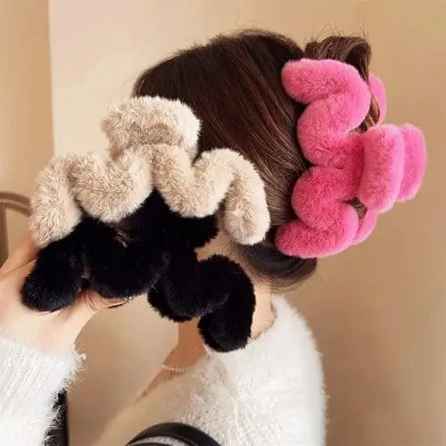 Soft girl aesthetic fuzzy hair claw clips in nice colors, trendy and cozy accessory for effortless hairstyles