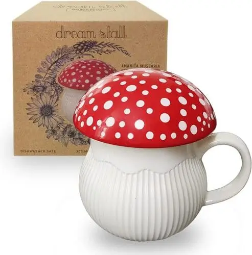 Cottagecore mushroom mug with a cute mushroom top cup cover, a trending viral TikTok gift for tea lovers.