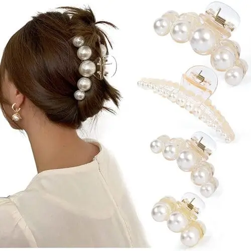 Pearl hair claw clips styled in a sleek updo, a must-have TikTok-viral clean girl aesthetic gift idea.