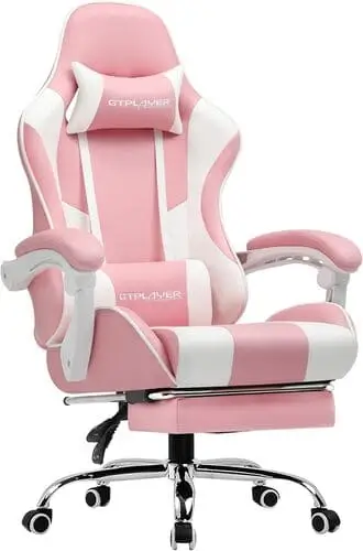 Pink and white gamer girl chair with plush cushioning, an aesthetic and comfy gift perfect for gaming or streaming.