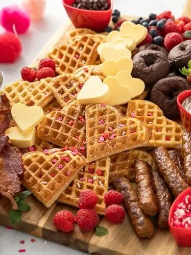 Make a valentine's day breakfast board with heart shaped waffles, berries and fruits, sausage links, bacon, sweet chocolate and brownies for a sweet and salty snack board