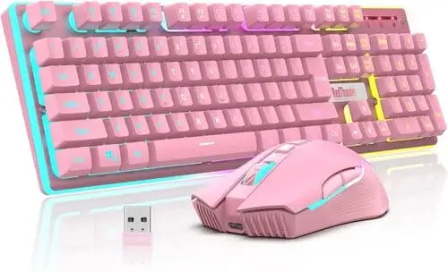 LED wireless gaming keyboard and mouse with rainbow backlighting, a trendy TikTok gift for gamer girl aesthetics.